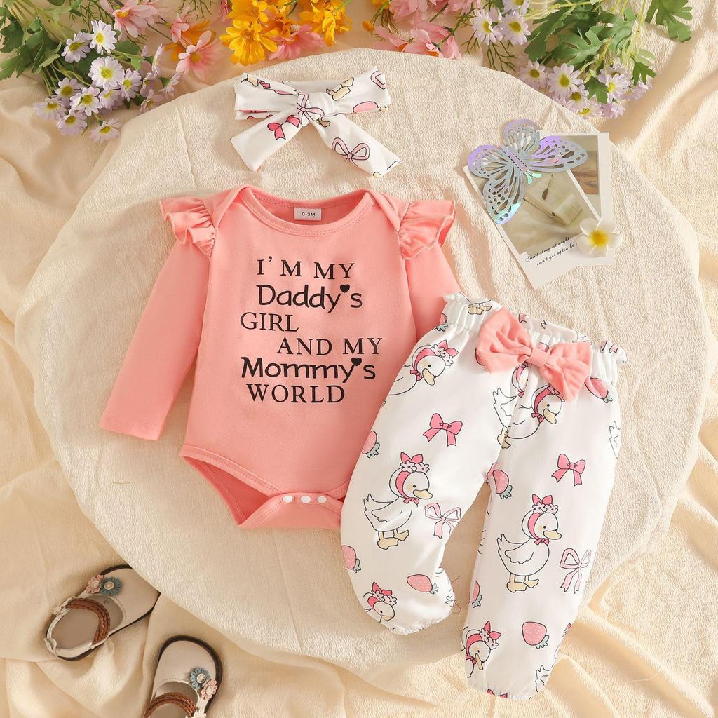 2026 Autumn Baby Girl Long-Sleeve Bodysuit, Bow Floral Pants & Headband Set
