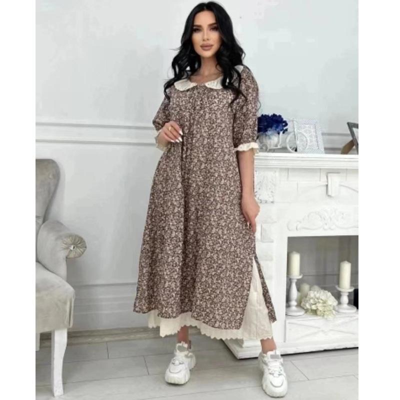 Mori Girl Podzim Jaro Ženy Volné Dlouhé Šaty Volané Límec Květinové Šaty Cottagecore Vintage Bavlněné volánky Elegantní elegantní šaty