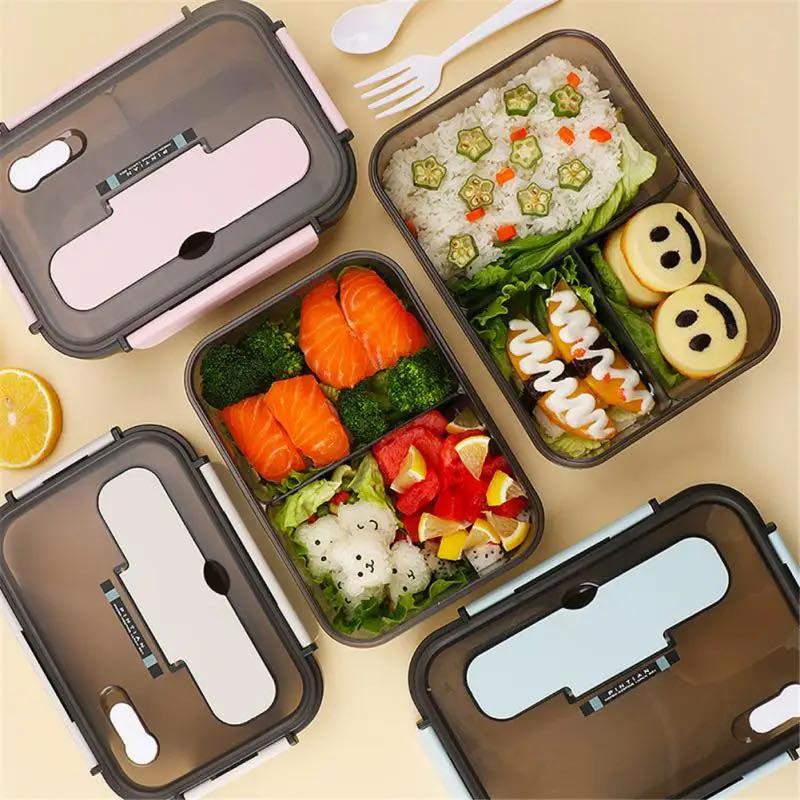 1500ML Lunch Box Food Storage Box 3 Grids Student Office Worker Microwave Bento Box Outdoor Picnic Container With Fork Spoon