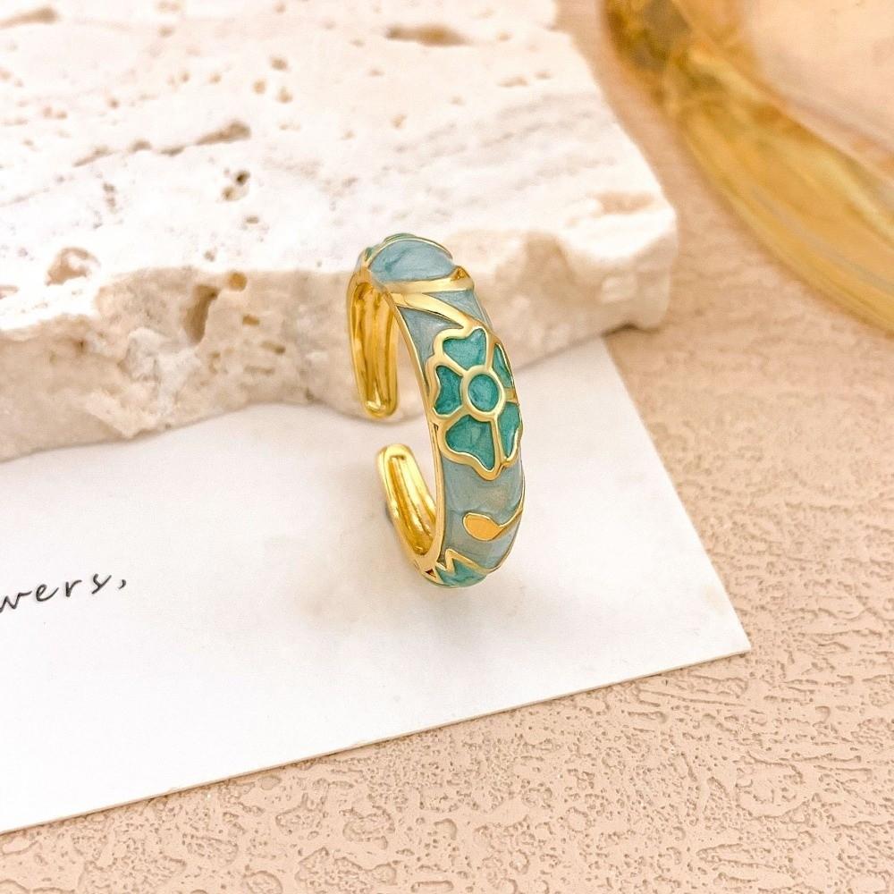 Chinese Style Enamel Dot Open Ring Vintage Adjustable Ring Minimalist Bohemian Ring  Festival