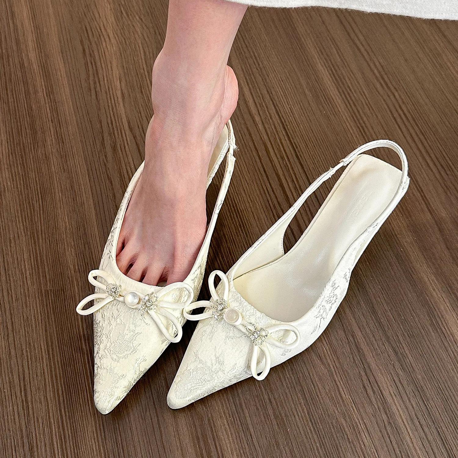 

Bowknot Women s Sandals Party Sexy Pumps 2025 New Pointed Back Strap High-heeled Stilettos Ladies Slingback Sandals 39 слоновая кость