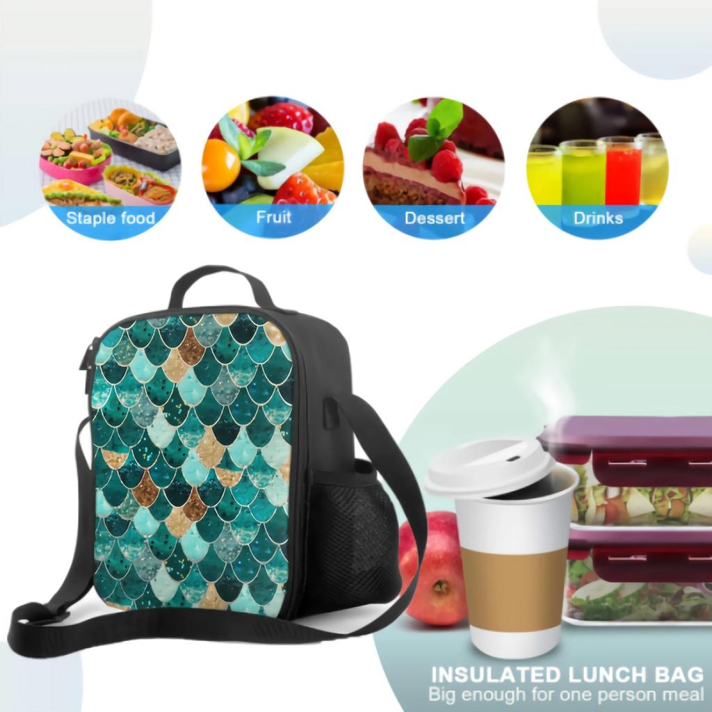 Türkisgoldene Meerjungfrau Isolierte Lunchbox Auslaufsichere Tragbare Lunchtaschen mit Verstellbarem Schultergurt Wiederverwendbare Kühltasche