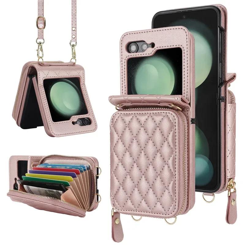 Crossbody Lanyard Leather Zipper Wallet Card Phone Case for Samsung Galaxy Z Flip 7 6 5 4 3 Flip6 Flip5 Flip4 Wrist Rope Cover