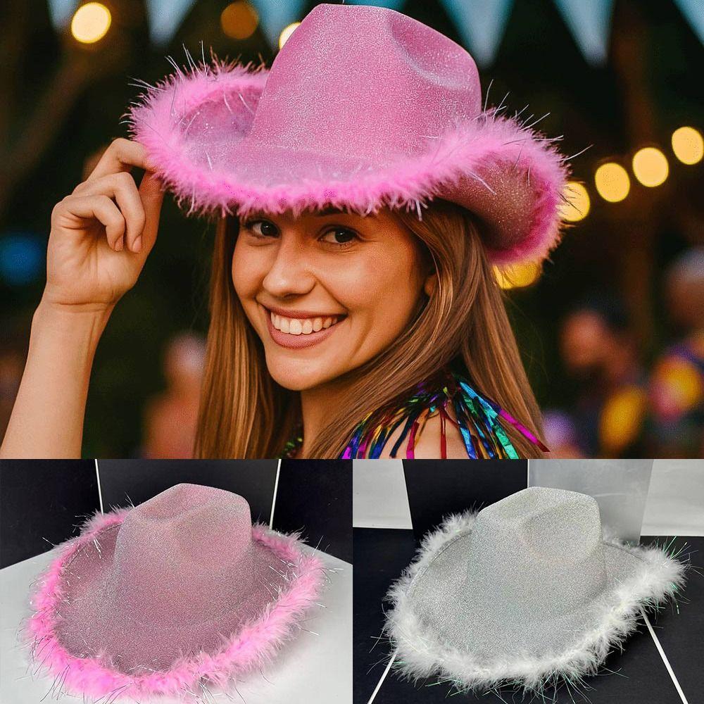Plush Brim Cowboy Bucket Hat Pink Silver Panama Hat New Fisherman Cap  for Camping Hiking