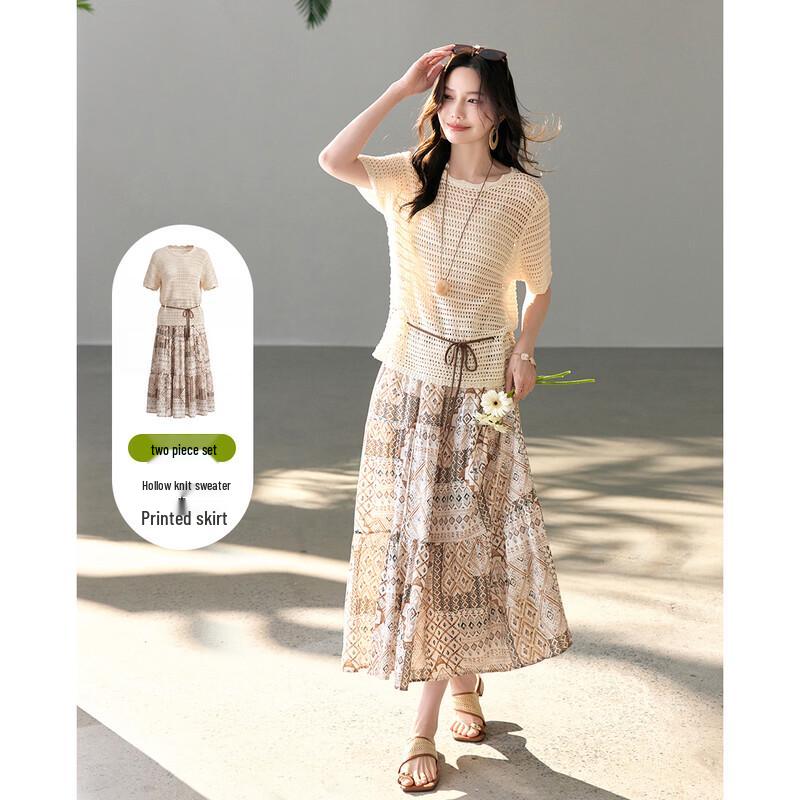 

TERRE BLEUE Women s Summer Hollow Knit Skirt Set M