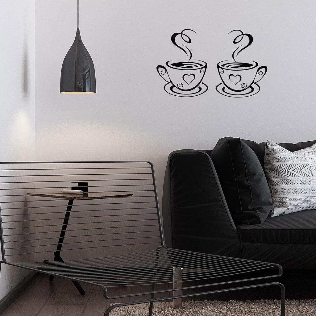 2 PCS Coffee Bar Wall Decor - Wall Sticker with Two Coffee Cup Art - Removable Signs for Kitchen, Office, Home, Shop, Cafe, Pub, Restaurant - 12.2 x