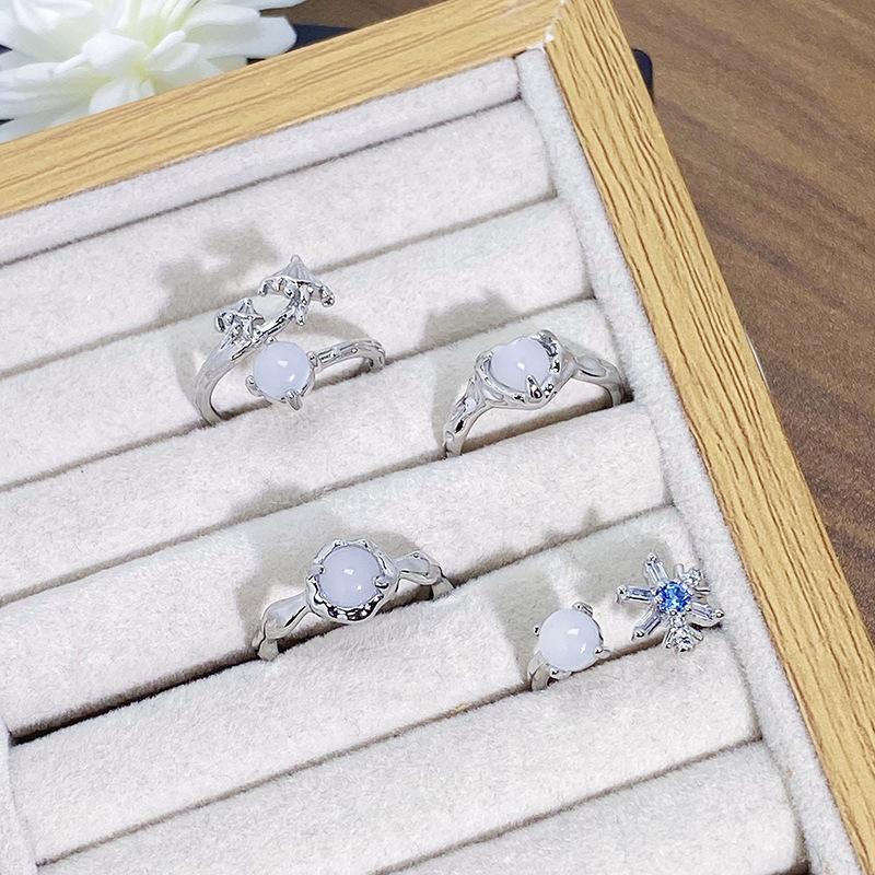 Zircon Moonstone Open Ring Irregular Love Snowflake Niche Light Luxury High-End Personality Ring