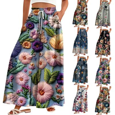 Damenhose mit Taschen, hoher Taille und weitem Bein, Blumendruck, Freizeithose