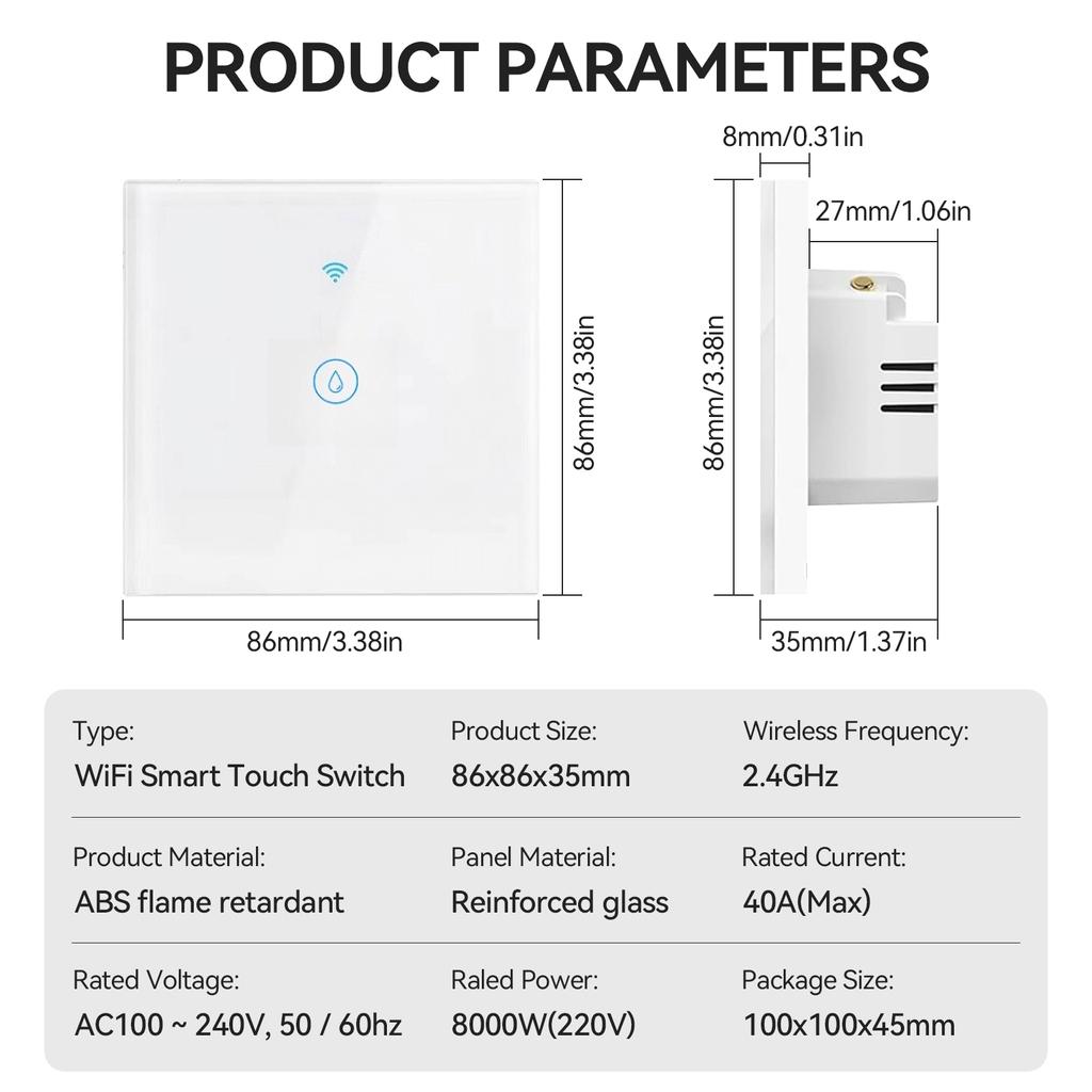 AC110~240V 40A Smart Home Wifi Touch Switch for Electric Boiler Water Heater On Off Timer Panel Controlled by Alexa/Google Home