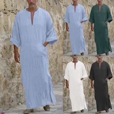 Ανδρική ρόμπα V-λαιμόκοψη κοντό μανίκι Kaftan μακρύ φόρεμα casual πουκάμισο για παραλία, καλοκαίρι