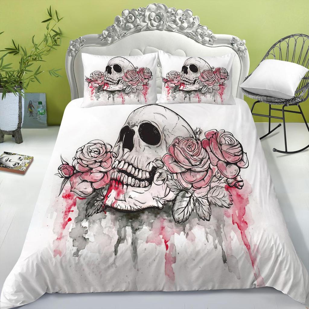 Bedding Set New Bed Cover 3D Skull Head Scary Print Family Bedroom Full Size Quilt Cover and Pillowcase Microfiber