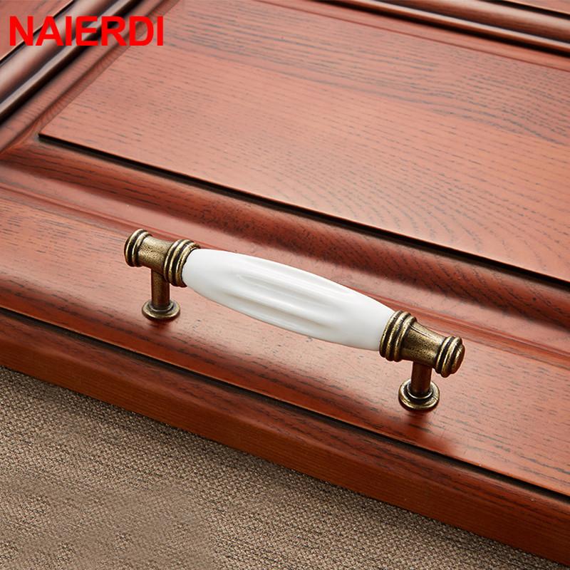NAIERDI Antique Bronze Ceramic White Cabinet Handles Zinc Alloy Drawer knobs Wardrobe Door Handle European Furniture Hardware
