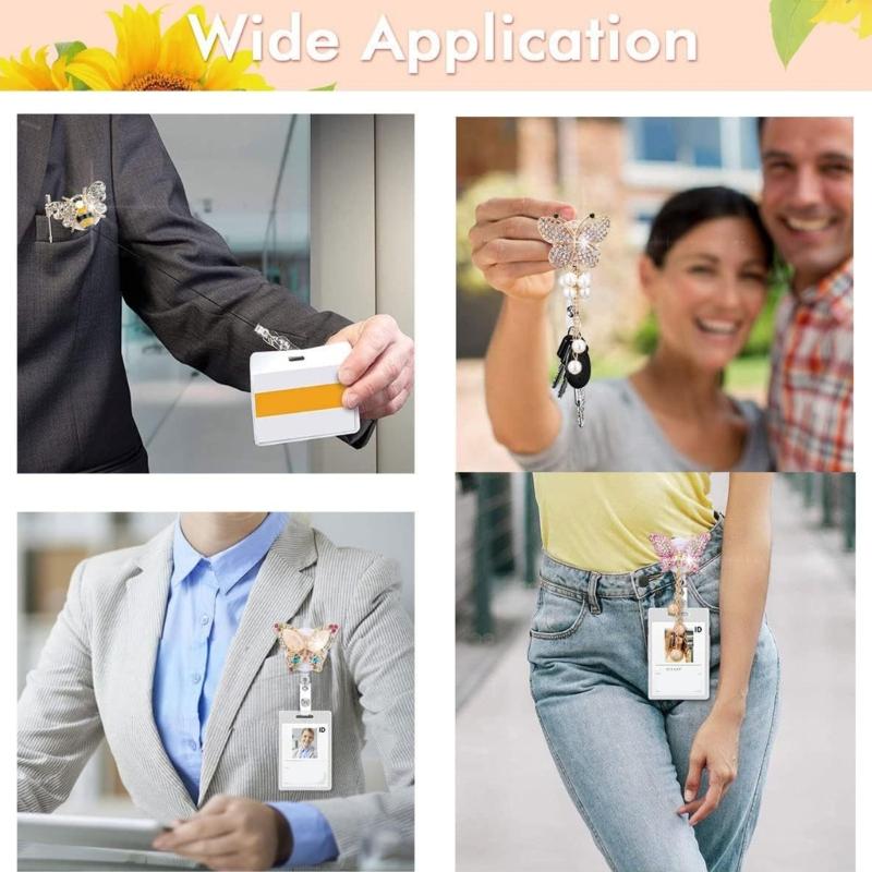 Porta-crachás ajustável de 60cm com borboletas, abelhas, strass e clipe seguro para locais de trabalho, acessórios profissionais de escritório