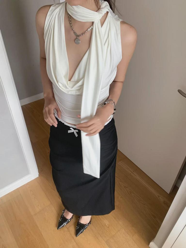 Dorothy Cowl Neck Sleeveless Halter Top with Ribbon Detail