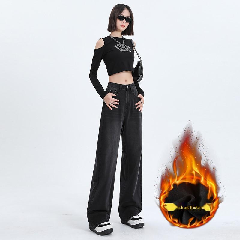 Autumn/Winter 2025 Women’s Fleece Jeans: Loose, High-Waisted, Wide-Leg, Floor-Length, Retro Slimming Pants