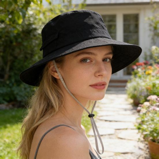 Hat Wide Brim Adjustable Drawstring Windproof Buckle Bucket Hat Outdoor Travel Hiking