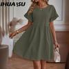 IHUASU Women's Fashion Summer Spring Solid Color Print O-Neck High Waist Casual Dresses