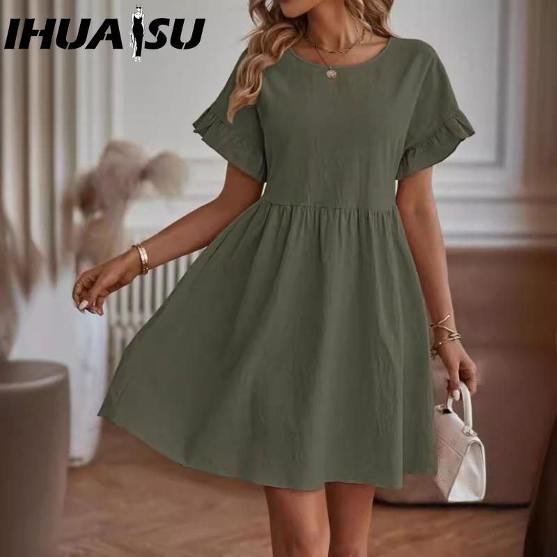 IHUASU Women's Fashion Summer Spring Solid Color Print O-Neck High Waist Casual Dresses