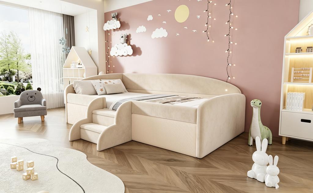Cama Estofada Cama Infantil 90*190cm, Cama Multifuncional, Com Degraus e Grades de Proteção, Tecido de Veludo Amigo da Pele, sem Colchão Bege