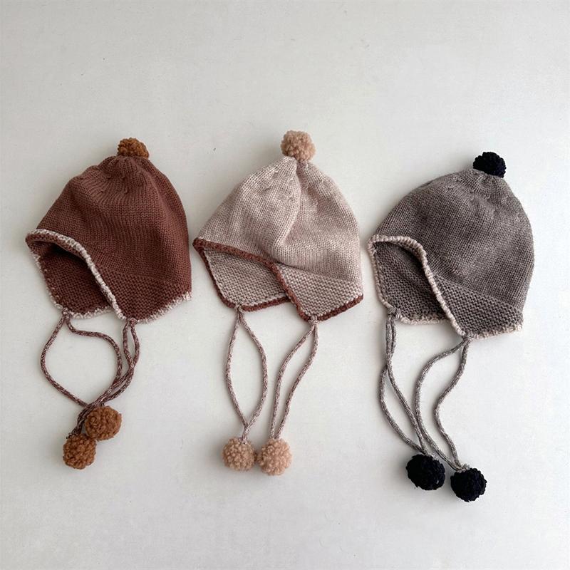 Winter Knitted Earflap Hat for Baby Cute Pompom Toddler Ear Protection Cap Korean Solid Color Kids Boy Girl Beanie Bonnet