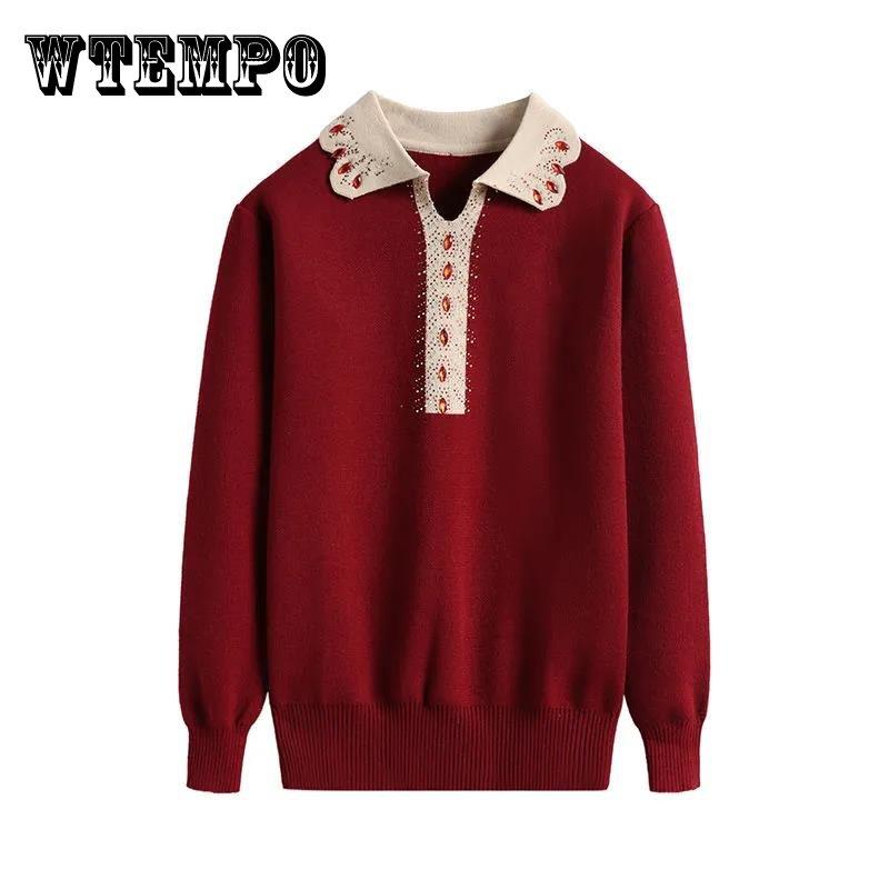 

Женский однотонный модный пуловер с лацканами, свободный свитер с ромбовидным принтом размера плюс, свитер с длинными рукавами