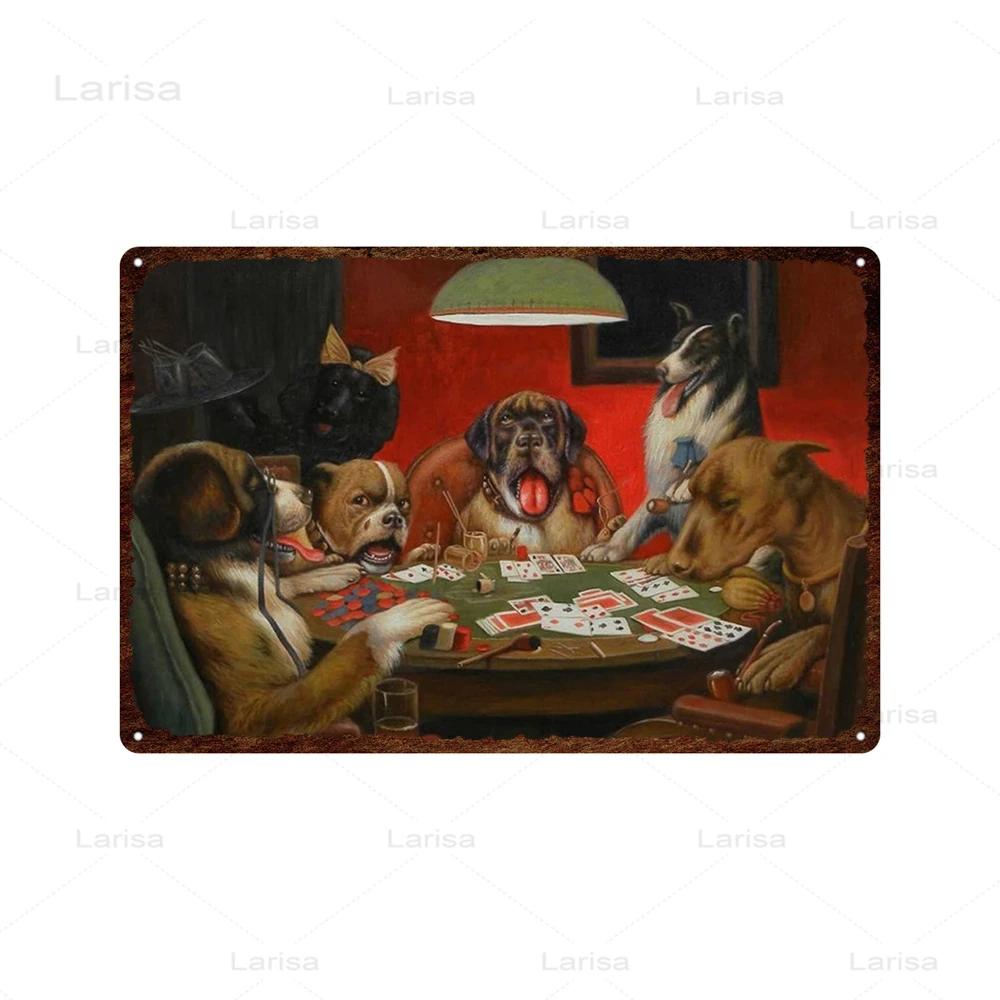 Dogs Playing Poker Game Metal Plaque Animals Playing Billiards Tin Sign Garage Club Wall Pub Tin Sign Vintage Metal Posters