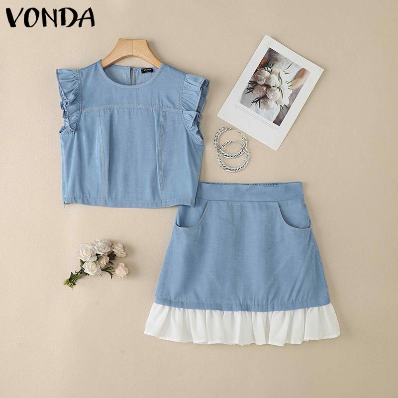 

VONDA Summer Women Sets Sleeveless Ruffled Crop Tank Tops and Plerted Skirts Suits Outfits