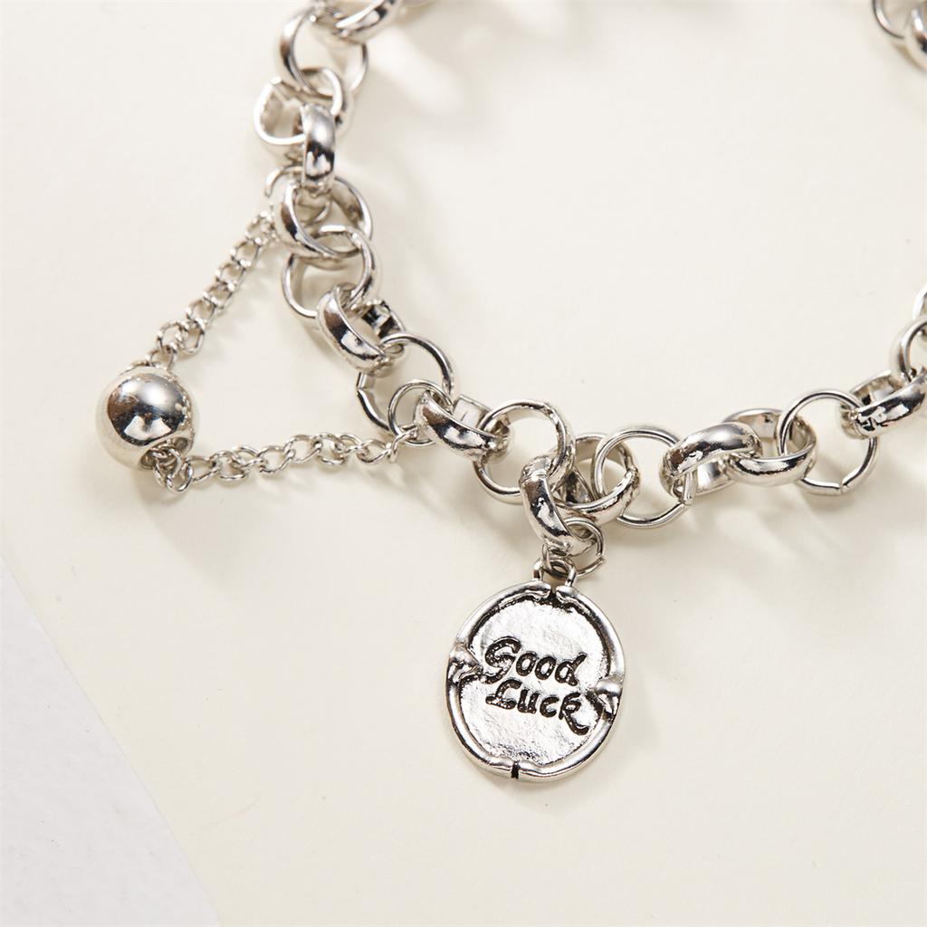 Silver Color Good Luck Letter Plate Pendant Bracelets For Women Vintage Geometric Round Ball Charm Bracelet Punk Party Jewelry