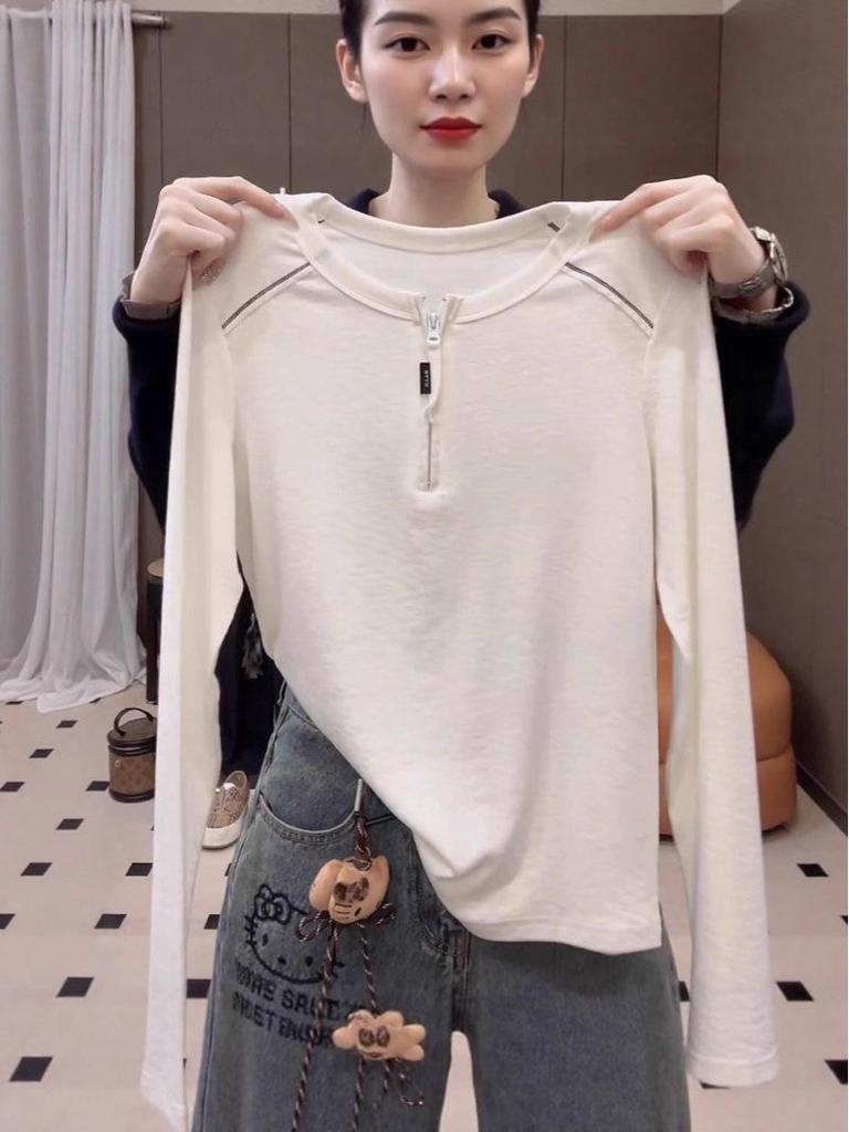 Women's Korean-Style White Half-Zip Long-Sleeve T-Shirt - 2025 Autumn, Loose Fit & Slimming