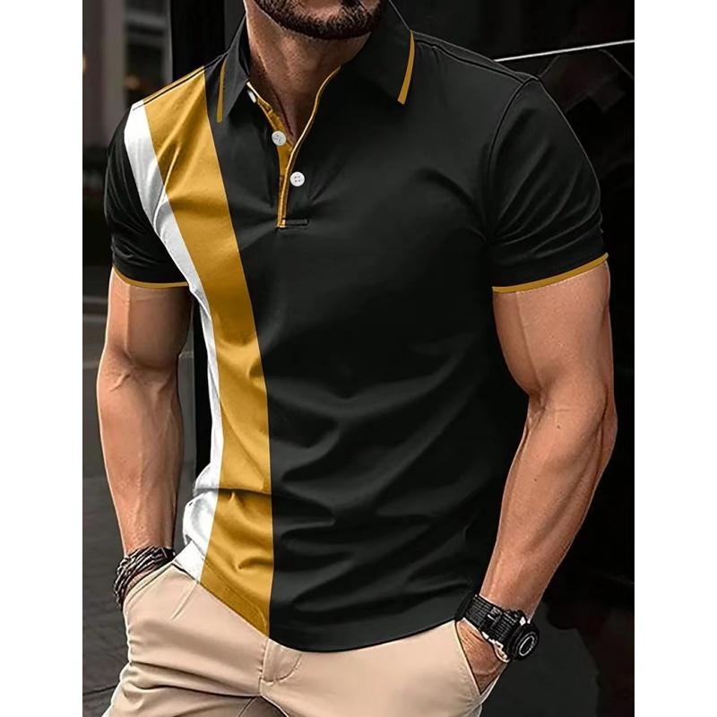 3D Printed Striped Color Blocked Men's Polo Shirt with Colorful Pattern Short Sleeved T-shirt