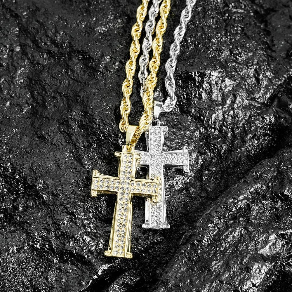 Hip Hop Mens Women Cross Pendant Necklace With 4MM Rope Chain Iced Out Bling Cross Pendant Necklaces Hip Hop Couple Jewelry Gift