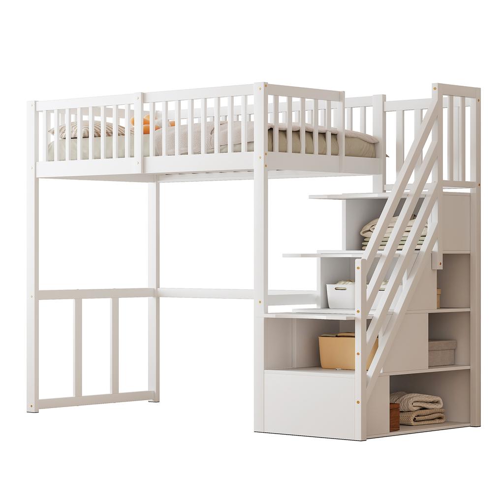 Letto a soppalco 90x200 con scala di sicurezza e contenitore, struttura del letto in legno massello di pino per bambini e adolescenti, bianco