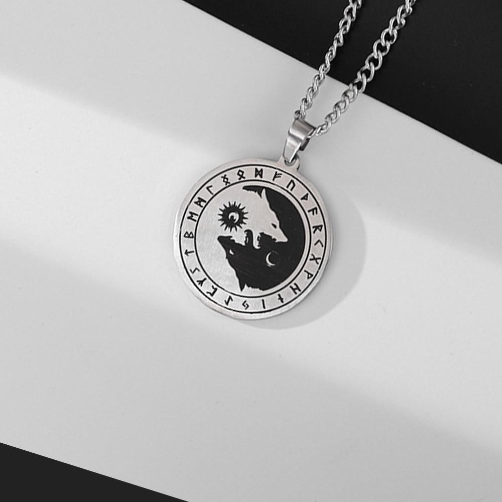 Odin Wolf Head Sun and Moon Rune Pendant Pendant Sun and Moon Logo Necklace