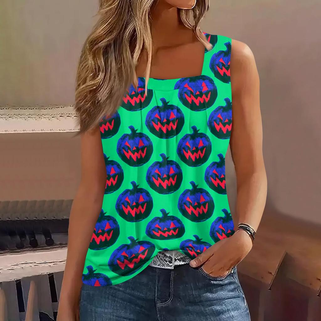 Women Sleeveless Tank Top Square Neck Ruffle Detail Halloween Print Casual Summer Vest Shirt for Daily Wear