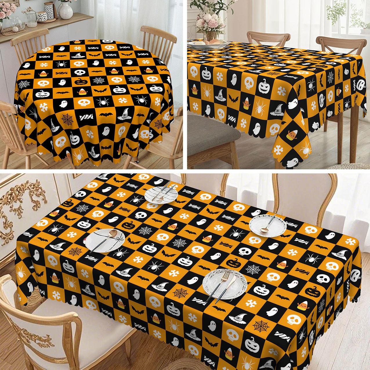 

1 Halloween Tablecloth - Horror Pumpkin Lantern Party Decoration, Orange And Black Checked Table Cloth, Polyester Fabric round tablecloth-152x152cm