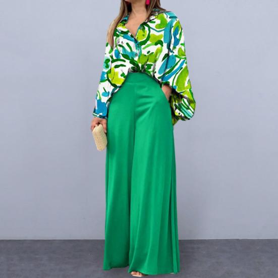 2Pcs/Set Simple Lapel Leaves Print Shirt Long Pants Set Long Sleeve High Waist