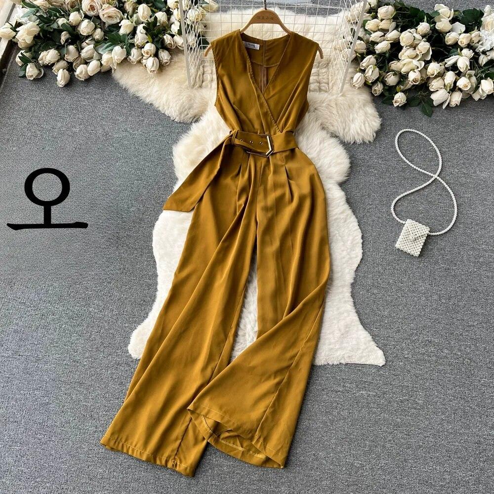 2024, primăvară și vară, nou sexy, cu decolteu în V, cu bretele în talie, care îmbrățișează, pantaloni lungi, drepti, grațioși, cu picioare late