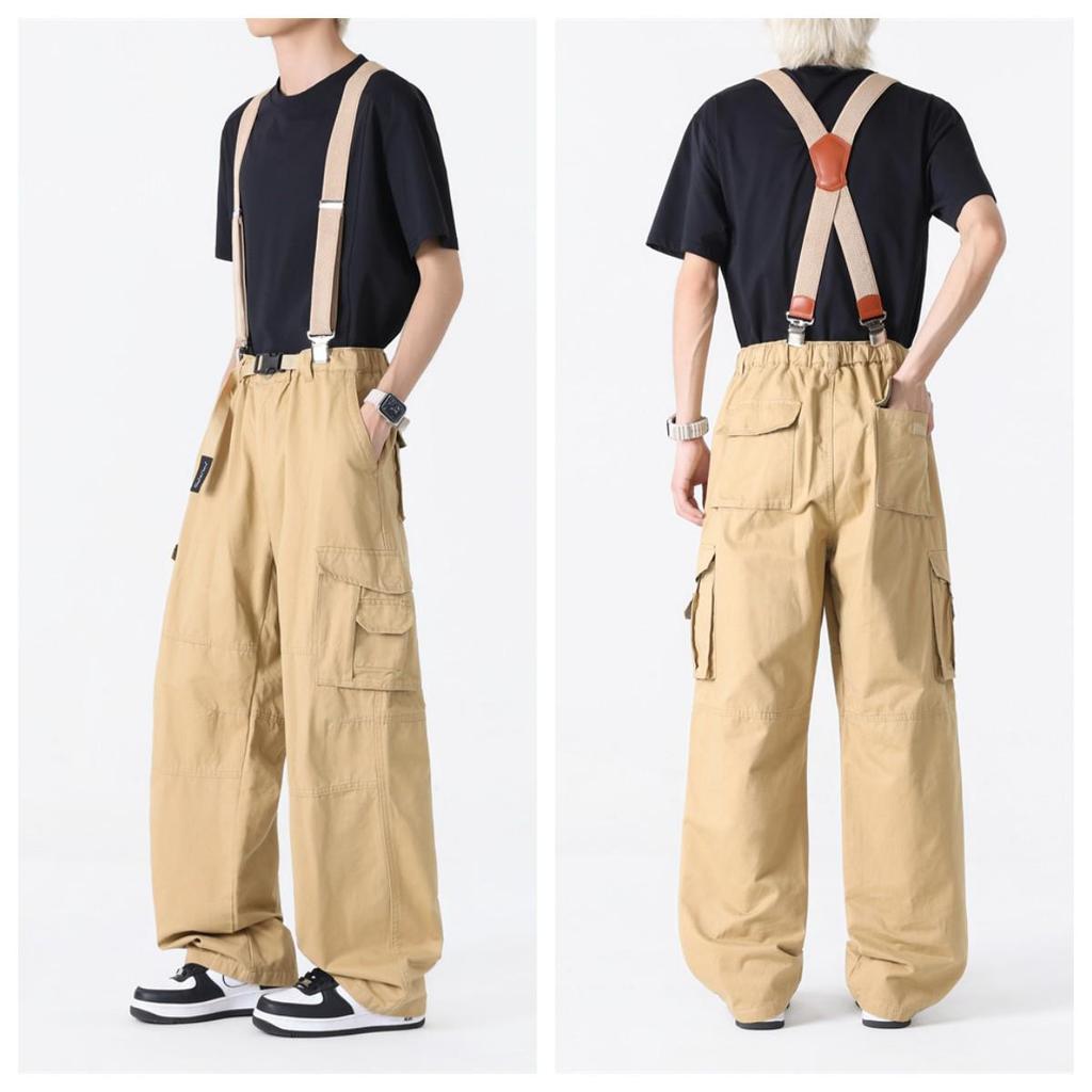 Men's Plus Size Elastic Waist Wide Leg Multi-Pocket Pants for Spring and Autumn