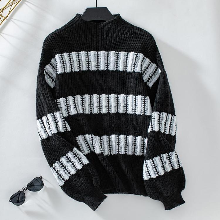 Autumn Winter Vintage Stripe Pullover Knitwear Top Loose Long Hooded Stand Collar Sweater