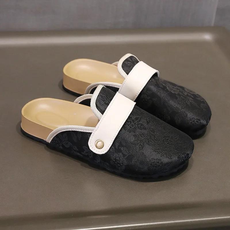 

Мода 2024 года, новые модные популярные женские тапочки с закрытым носком, однотонные женские туфли, женские ретро-модные садовые мюли Zapatos 34 чёрный