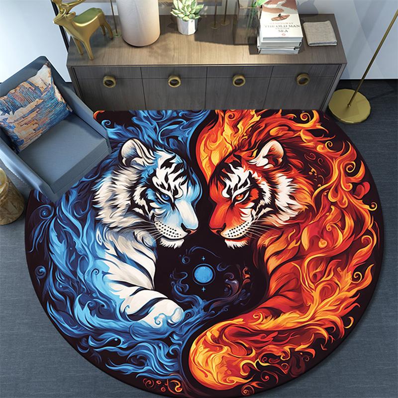 Yin Yang Tiger Round Area Rug,Carpet Rug for Living Room Bedroom Sofa Playroom Decor,Non-slip Floor Mat