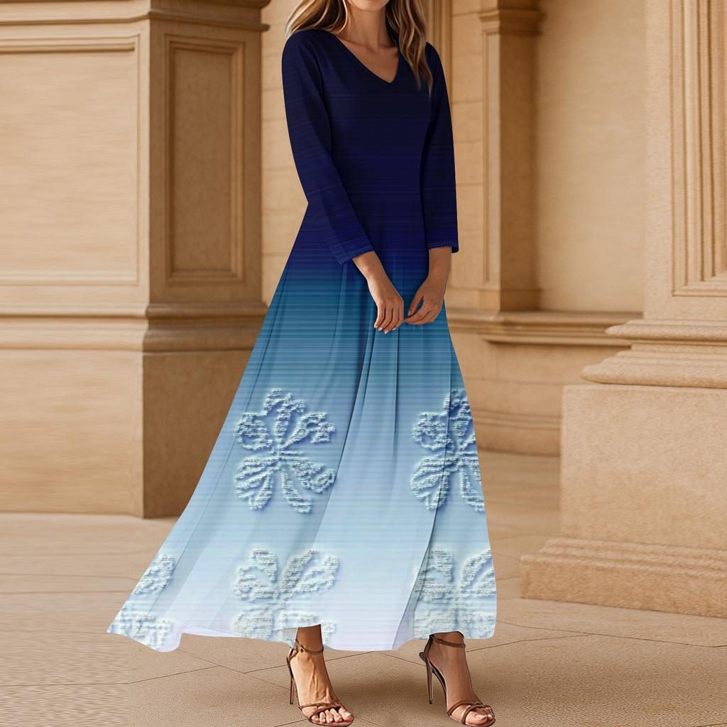 Women's Casual 3/4 Sleeve V-Neck Floral Print Maxi A-Line Beach Dress