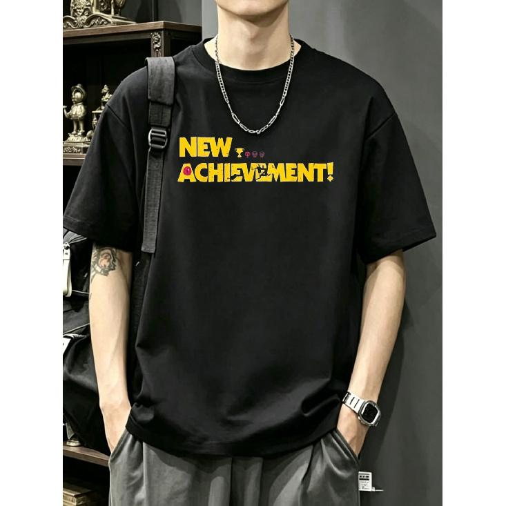 Black T Shirt with New Achievement Text And Game Icons Graphic for Casual Wear S чёрный