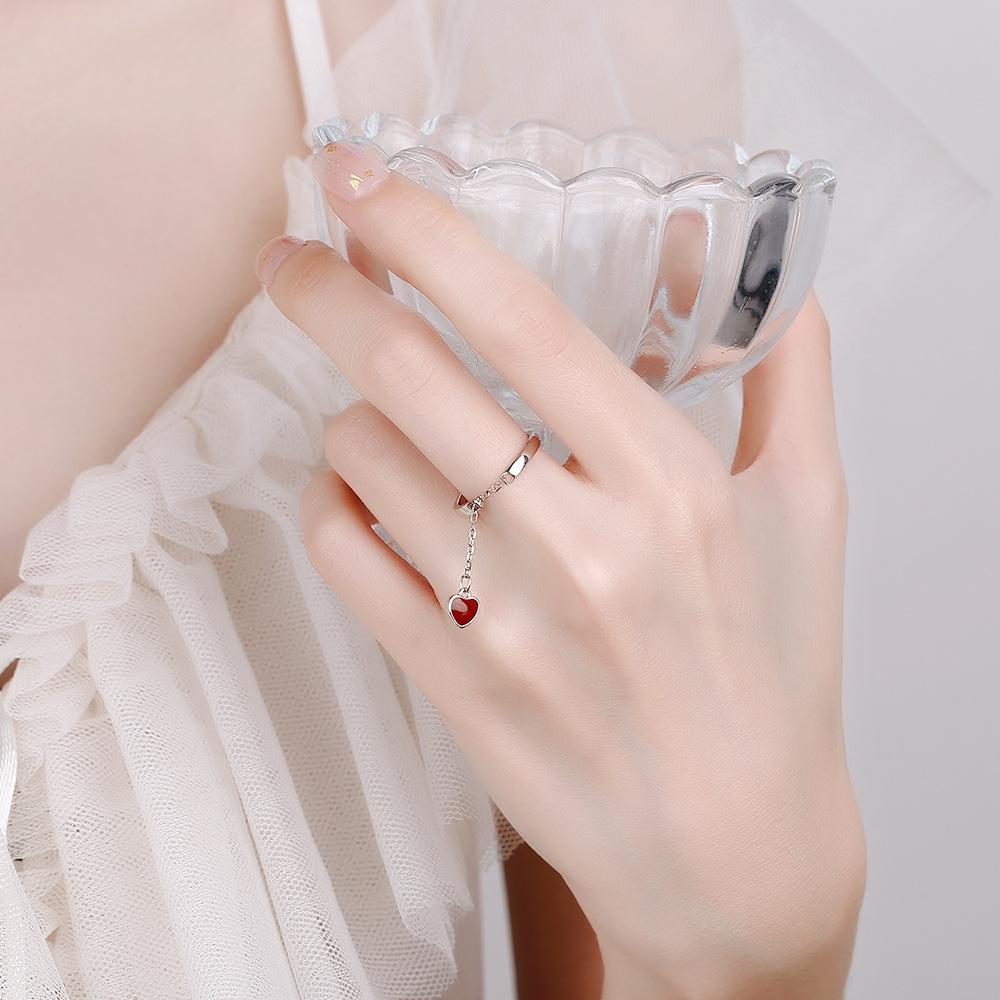 S925 Sterling Silver Heart Tassel Enamel Open Ring - Women's Fashionable Light Luxury Design