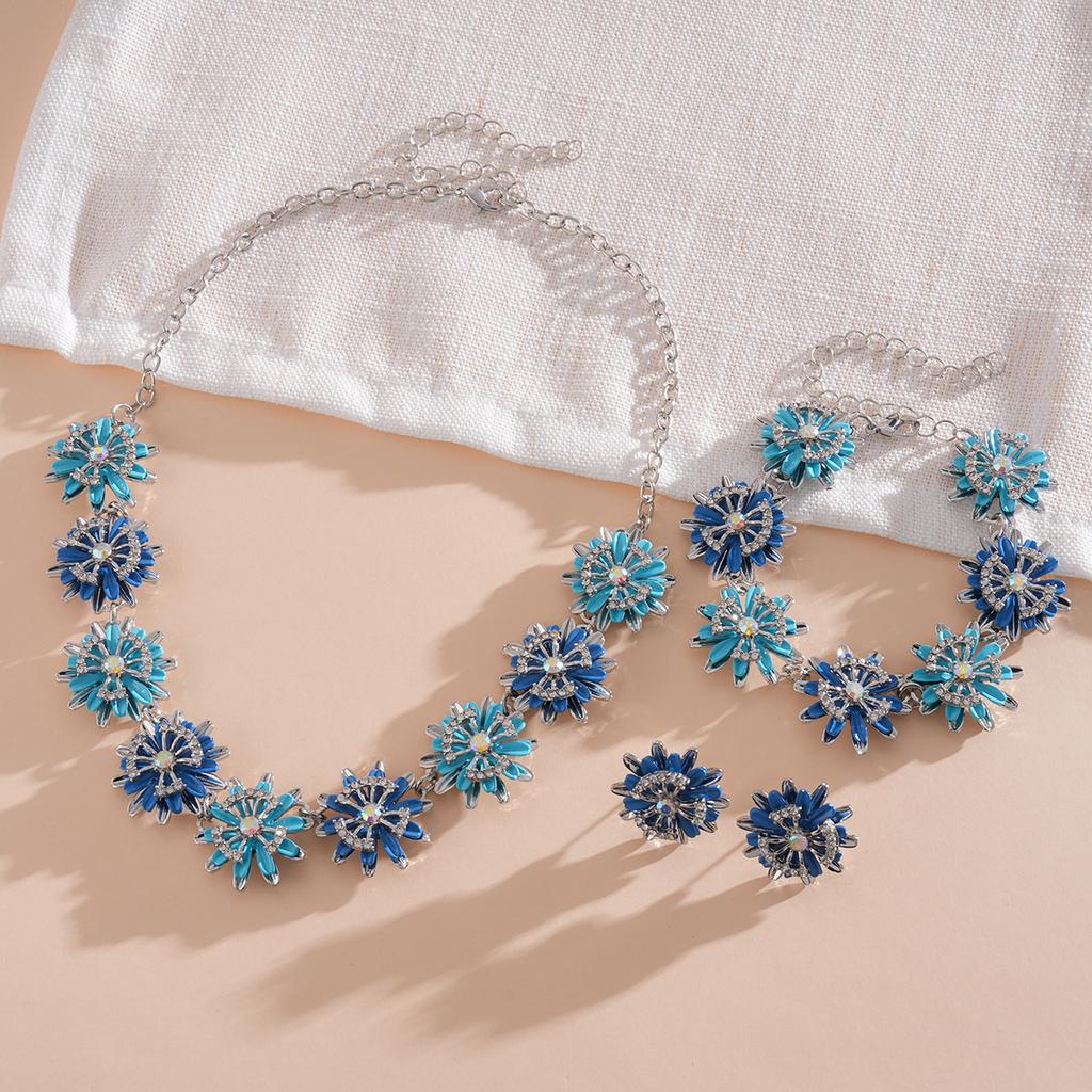 Turquoise Blue Diamond Flower Stud Earrings Necklace Light Luxury Niche Clavicle Chain Premium Jewelry Set