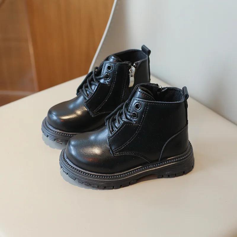 Kinder Stiefeletten Mode Vielseitig Jungen Mädchen Motorradstiefel Einfarbig 2024 Neu Kinder Kurze Stiefel PU-Leder Dicke Sohle