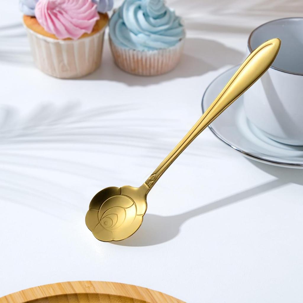 8 Pcs Gold Stirring Spoons Set,Floral Design Stainless Steel Stirrers for Coffee,Tea,Dessert & Sugar Reble Mini Utensils Kit for Tea Party & Home Bar