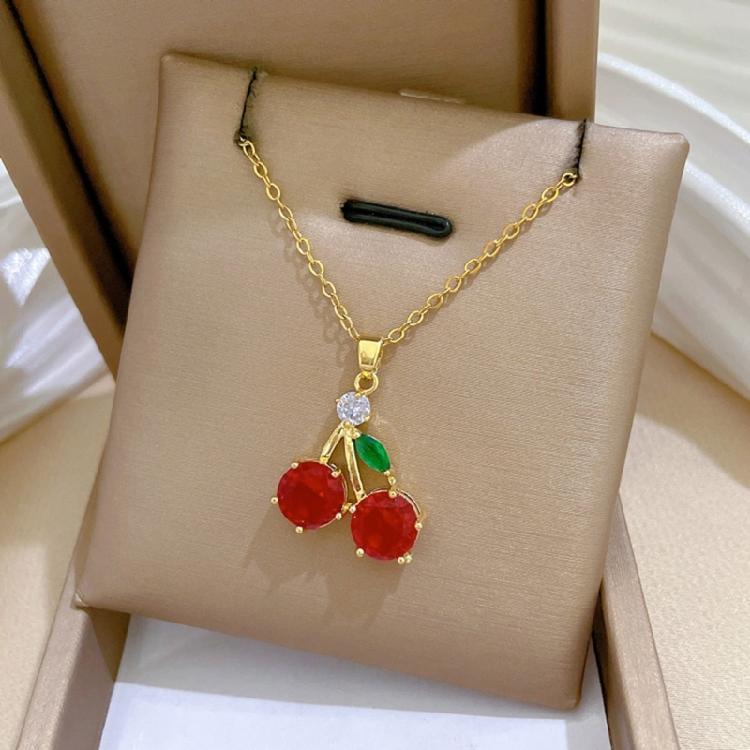 Vibrant Zircon Cherries Pendant Necklace Fashionable Cherries Designs Necklace Zircon Pendant Neckchain For Women