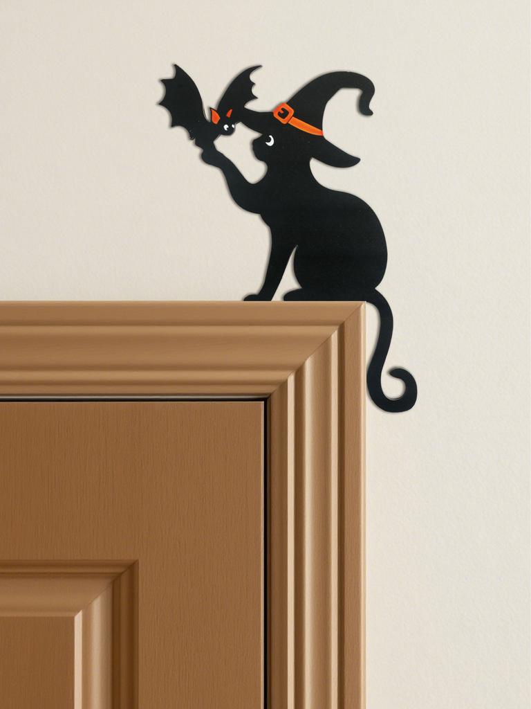 Halloween Black Cat Door Topper Decor, Witch Hat & Bat Design, Wooden Door Frame Ornament for Home, Spooky Party & Haunted House