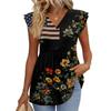 Women’s V Neck Short Sleeve Tunic Top with Flag and Floral Print Loose Fit Soft Fabric Casual Blouse for Summer